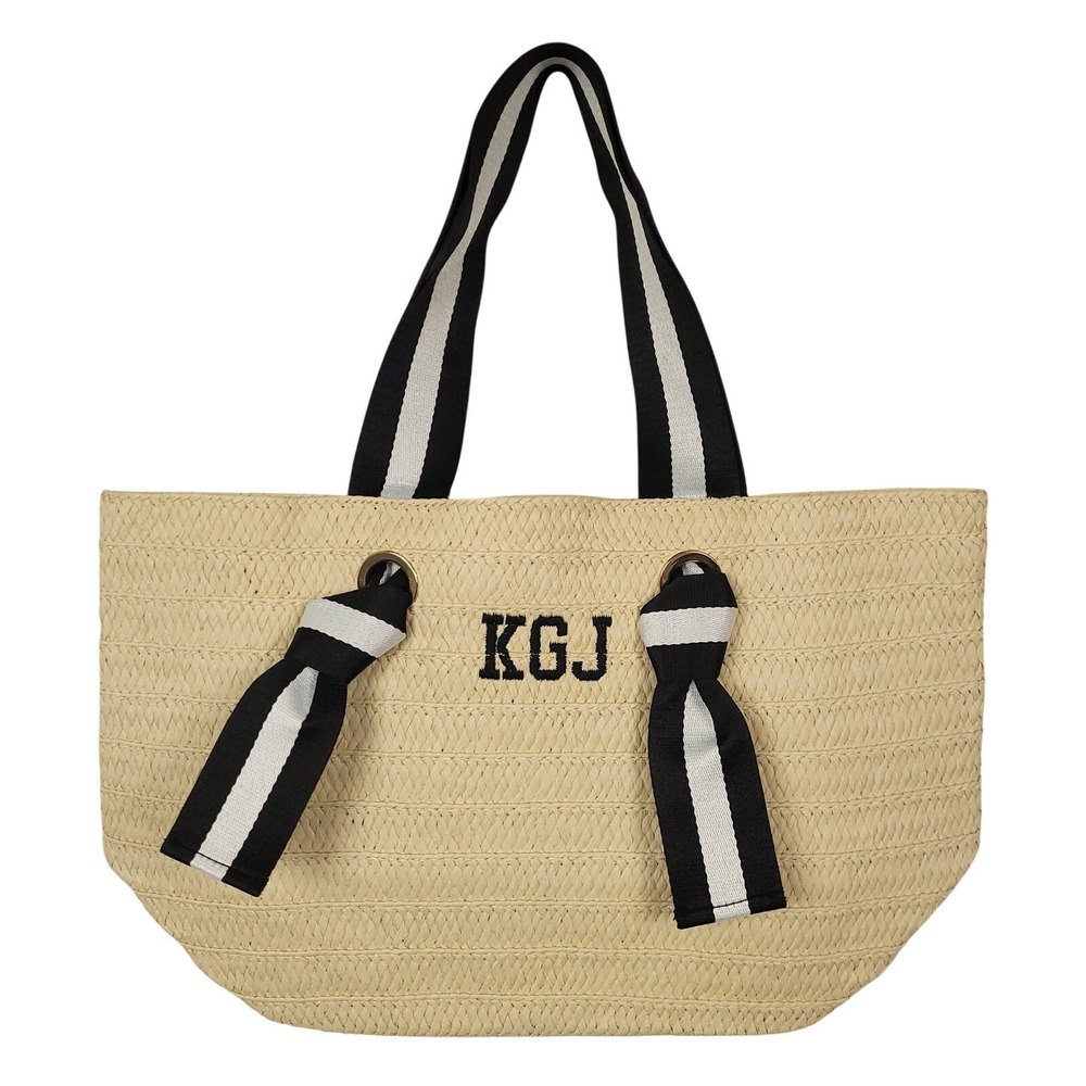 Mark & Graham Ribbon Straw Beach Tote Bag KGL Monogram Black White Summer Resort